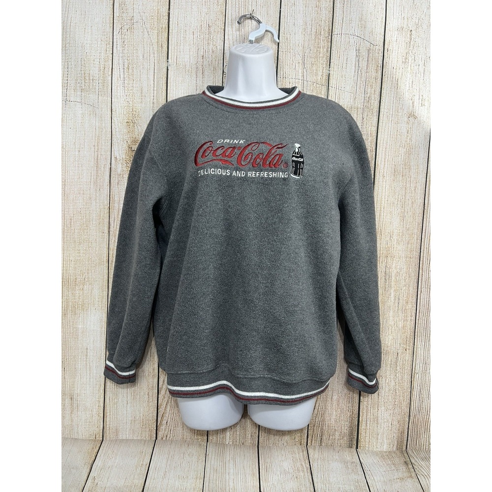 Vtg 90s Coca-Cola Sweatshirt M Gray Embroidered Logo Soda Pop Bottle Retro Cozy - Picture 2 of 7
